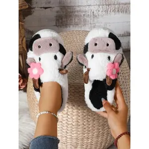 Women's Cute Cow Design Plush Slippers, Warm Bedroom Soft Slippers, Indoor Outdoor Silent Non-Slip Slippers, Comfortable Home Shoes, House Slippers,Christmas Gifts For GF