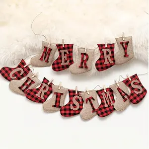14-Piece Christmas Stocking Flag Set, Plaid Banner, Fabric Socks, Holiday Home Decor, Includes 14Pcs Clips & Strings
