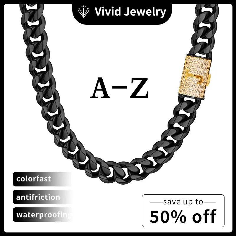 Black Cuban Necklace - Fashion Model Hip Hop Punk Style Jewelry, Fashion Men's Valentine's Gift, 26 Letters Design Chain Cubanchain mothers day gift for wife Cubanlink length 16-30in