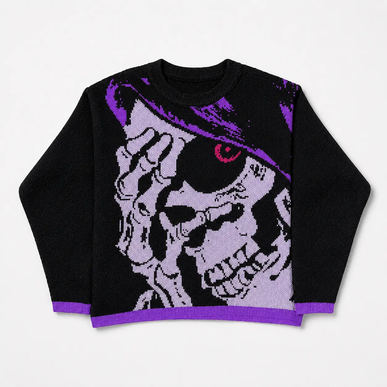 Women’s Skeleton Witch Knit Sweater, Purple Black Halloween Crewneck Pullover