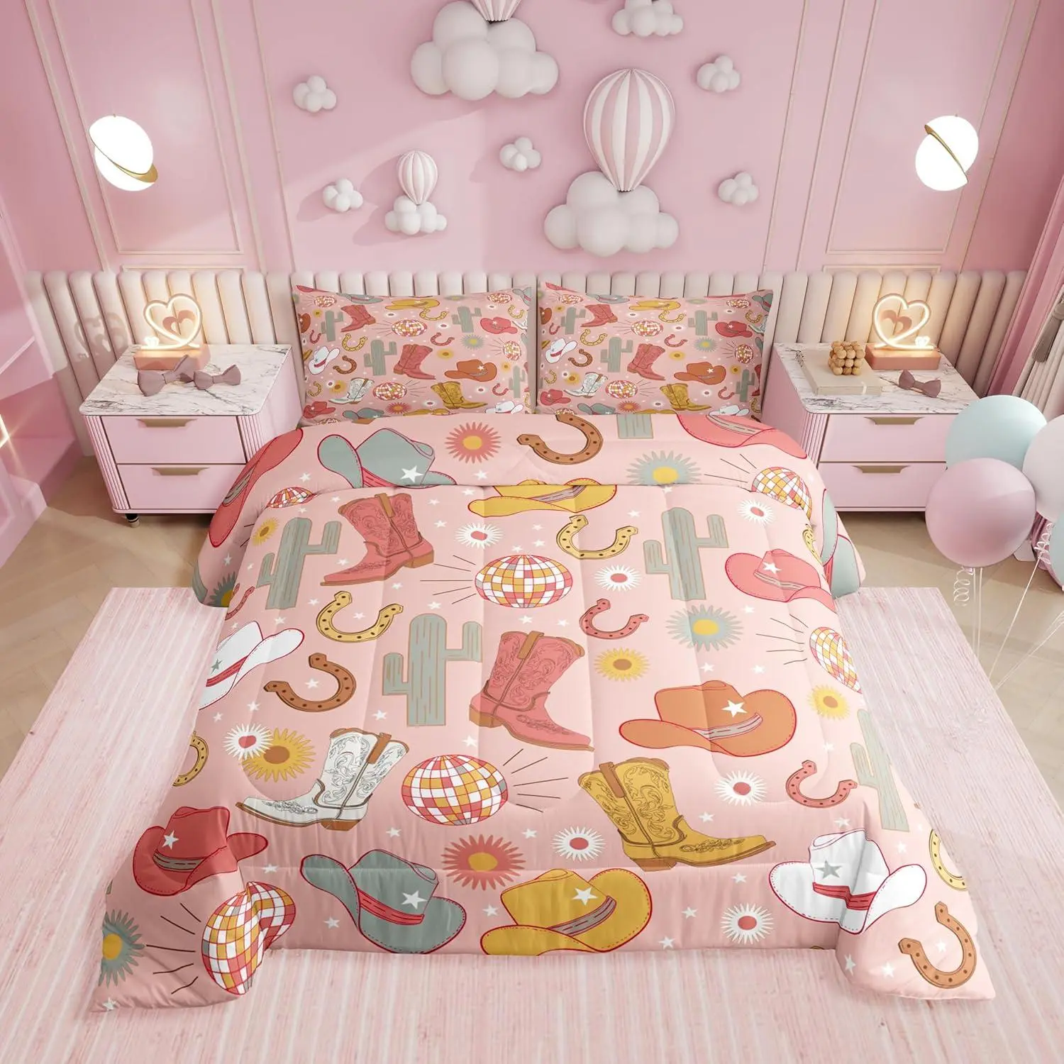 Cowgirl Boots Hats Bedding Set,Pink Disco Ball Comforter Set for Girls Kids,Western Cactus Horseshoe Comforter,Rustic Country Bedroom Room Decor,Breathable