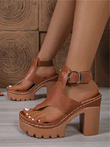 Summer Platform Thong Sandals for Women, Chunky Heel Ankle Strap Beach Shoes