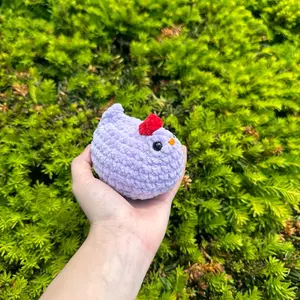 Pastel lavender hand-crocheted chicken