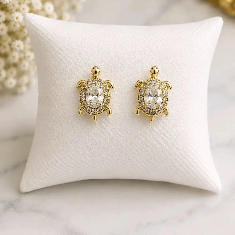 Elegant Turtle Stud Earrings with Sparkling Cubic Zirconia, 14K Laminated Gold
