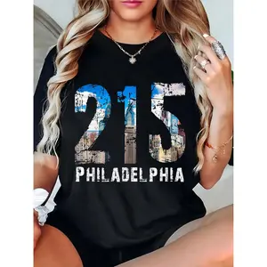 Women's Philadelphia 215 City Skyline Graphic T - Shirt, Casual Short Sleeve Tee for Daily & Streetwear, Philadelphia Pride Fashion 100% Cotton T-shirt