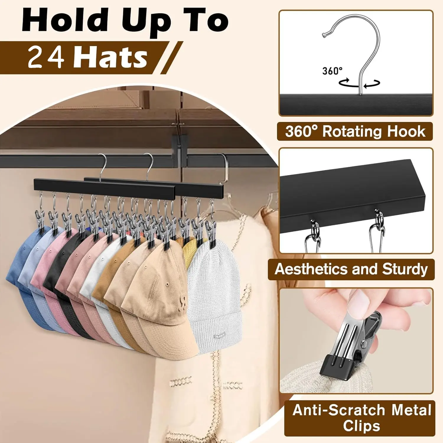2 Pack Wooden Hat Organizer with 12 Stainless Steel Clips Holds Baseball Basketball Golf Caps Jeans & Yoga Pants Fits All Cap Sizes Black hanger