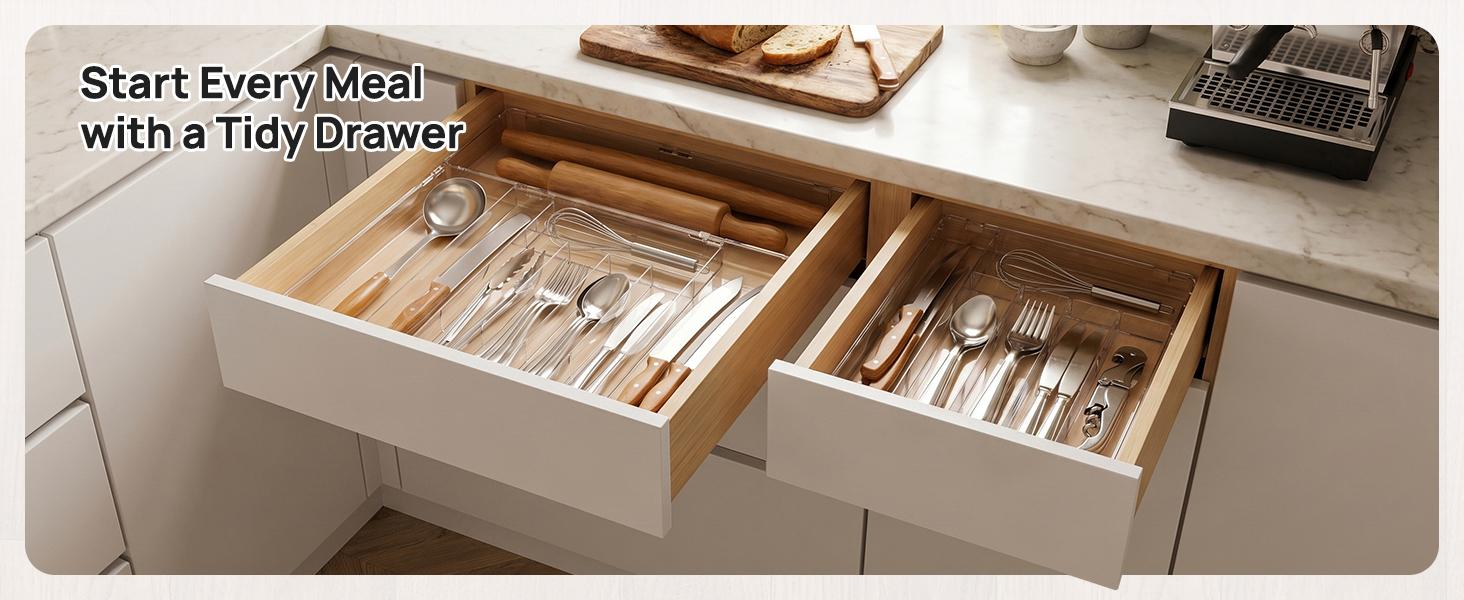 【Utensil Organizer】Vtopmart 1-2Pack Expandable Kitchen Utensil Drawer Organizer, Clear Plastic Food-Safe Cutlery Flatware Organizer, Adjustable Silverware Holder for Spoons Forks Knives, (6-9 Slots)
