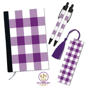 Hide & Hue White Buffalo Plaid Fabric Hardcover Journal Essentials Bundle – Monogram Personalized Notebook with Pens & Bookmark Kat’s Journal Nest