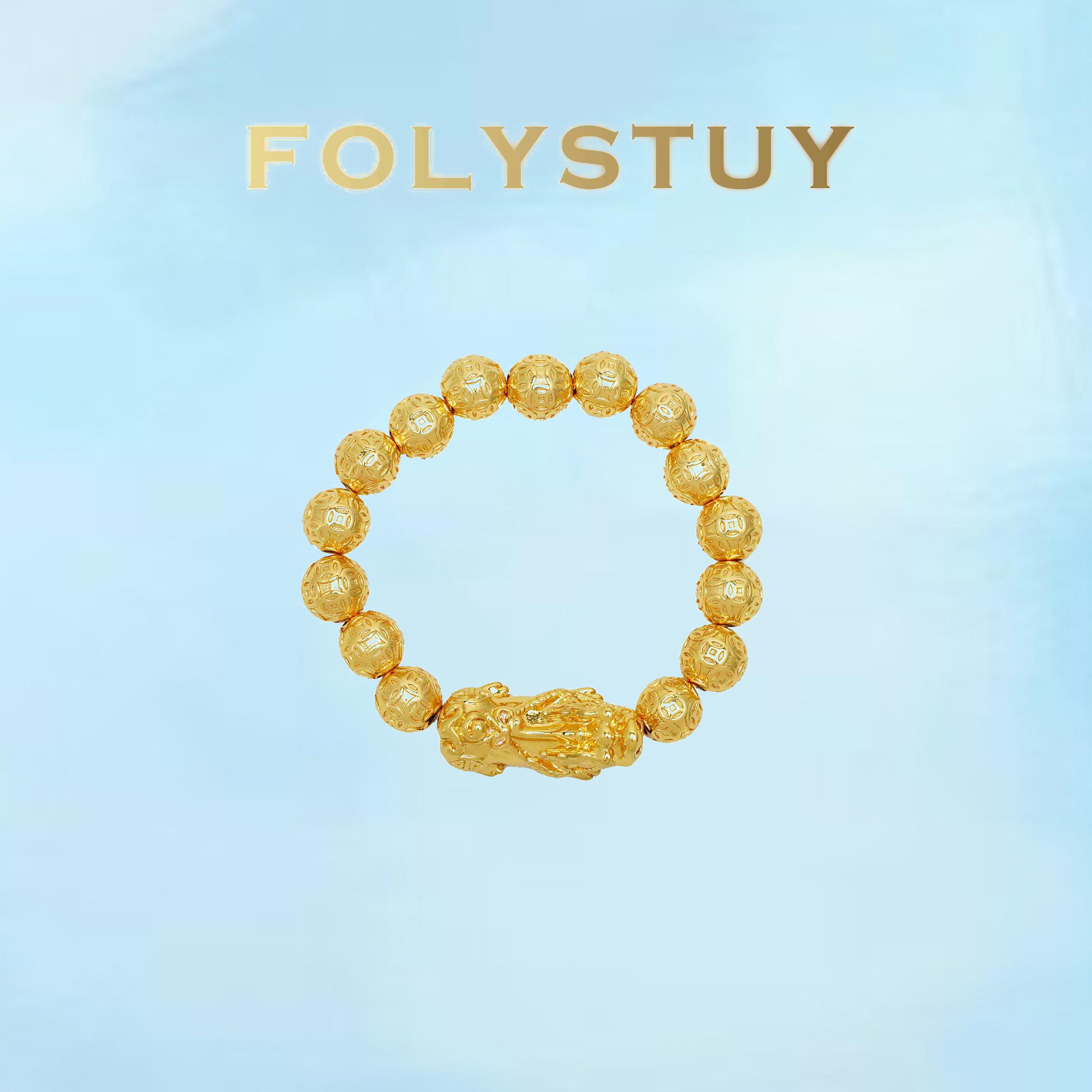 [FOLYSTUY (W178)]Mens Pixiu Carved Bead Bracelet, 0.41" Round Bead with Intricate Engraving, Mythical Creature Design Bangle, Sturdy Statement Wrist Jewelry for Men, Perfect for Everyday Style