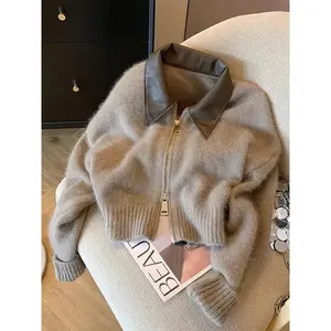 Patchwork Zipper Cropped Cardigan Women 400g Thick Autumn Knitted Sweater Bomber Jacket Vintage 2000s Short Fitted Knitwear Coat