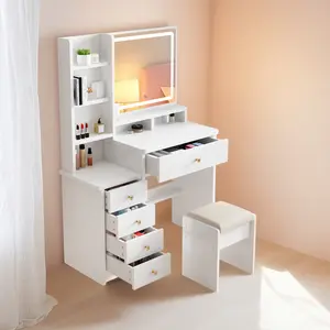 Makeup Vanity Desk with Mirror & Lights, Vanity Desk with 5 Drawers & Storage Shelves, Vanity Table, 3 Color Modes & Adjustable Brightness Dressing Table, Bedroom, White