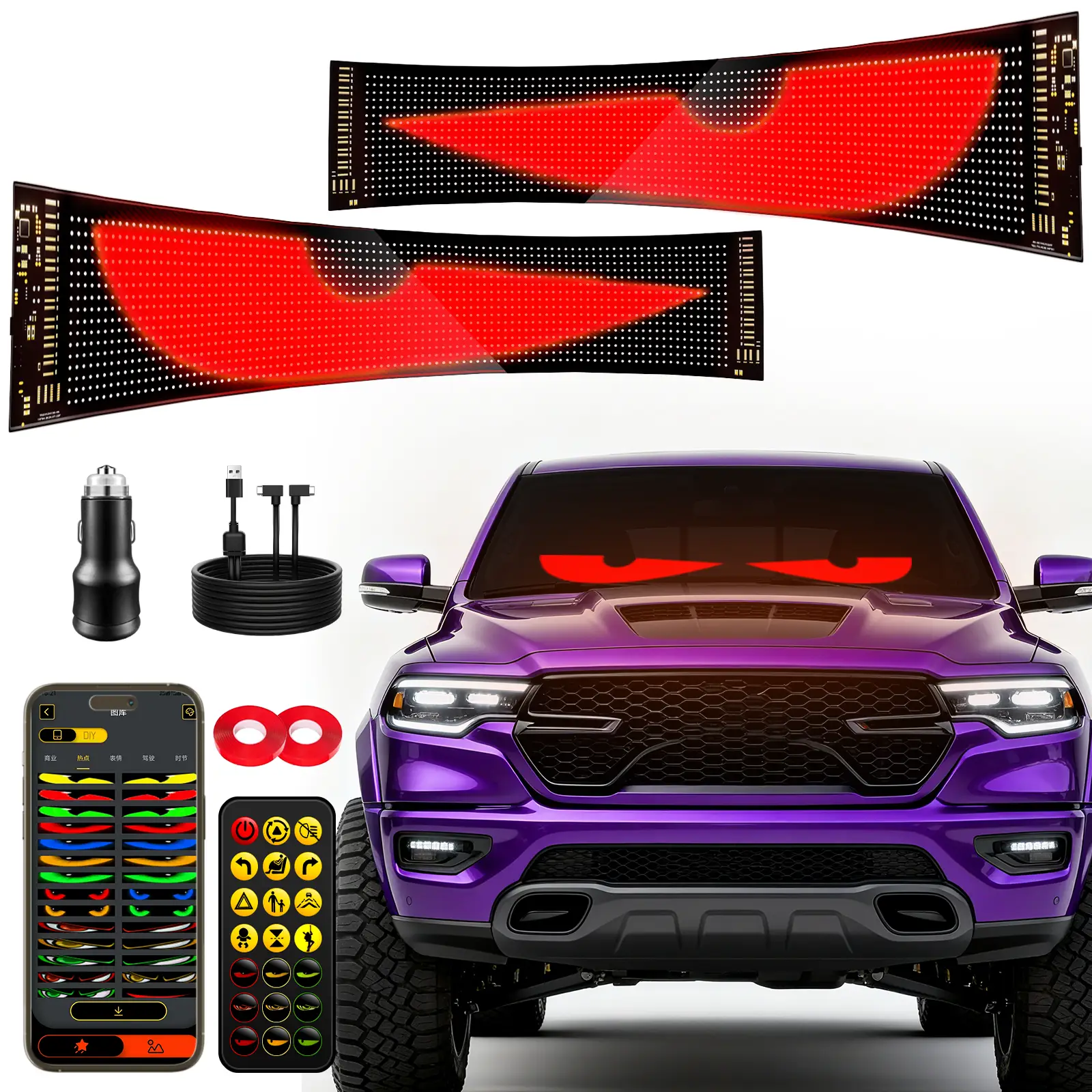 Devil Eyes Flex LED Sign for Car Windshield - Programmable Scrolling Message Display to Grab Attention & Show Your Style,Cars, Trucks, SUV,Universal F