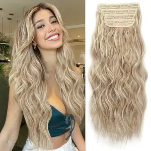 4Pcs Clip in Hair Extensions for Women, 16-24" Multi-Layer Synthetic Hairpieces, Heat Resistant Natural Ash Blonde Mix, Seamless Invisible Full Head Wrap, Long Wavy Straight DIY Styling
