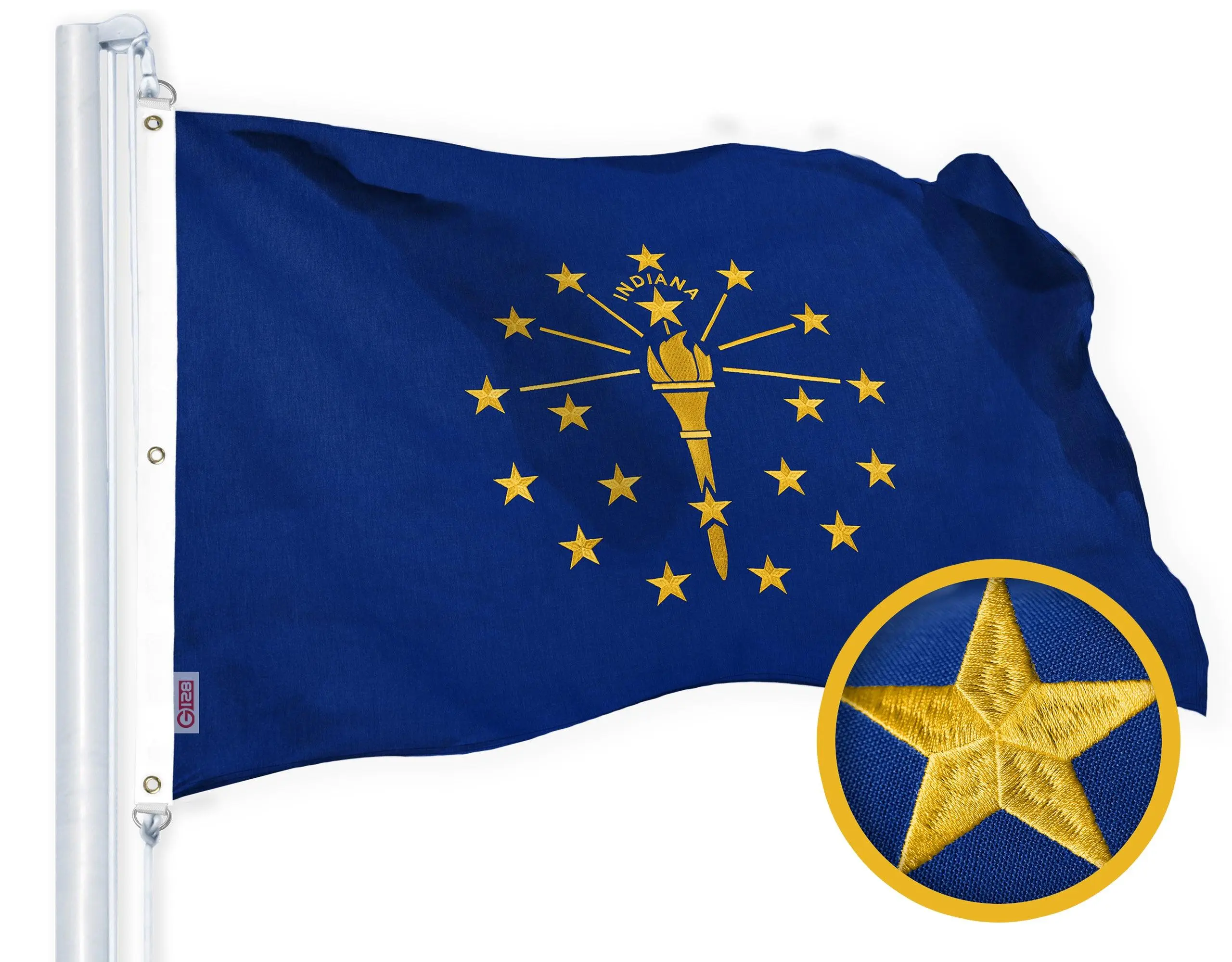 G128 Indiana State Flag | 5x8 Ft | StormFlyer Series Embroidered 220GSM Spun Polyester | Embroidered Design, Indoor/Outdoor, Brass Grommets, Heavy Duty, All Weather
