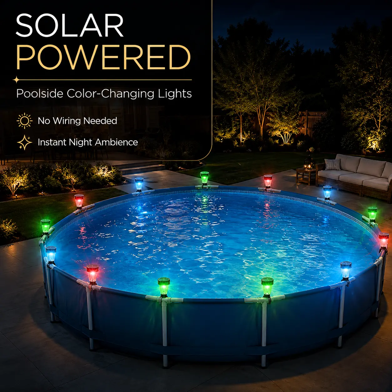 6-Pack Solar Outdoor Lights, Color-Changing LED Fence Lights with Adjustable Straps for Pool Rails, Decks, Backyard Decor