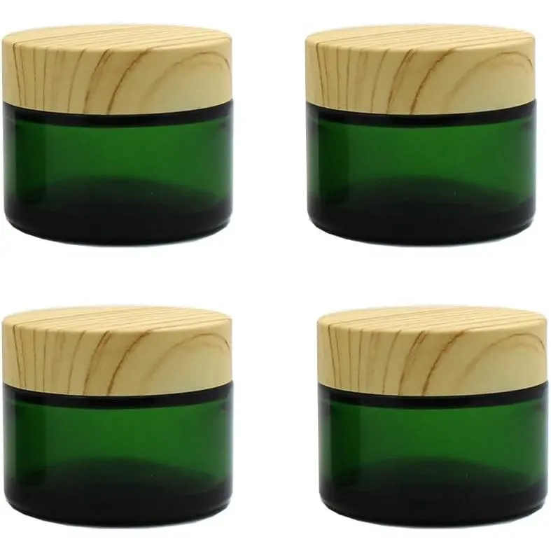 4Pack 50g Green Glass Cosmetic Cream Jars, Empty Sample Jars Containers Pot with Wood Grain Lids for Lotion, Lip Balm, Eye Cream, Scrubs, Oils, Salves, Ointments