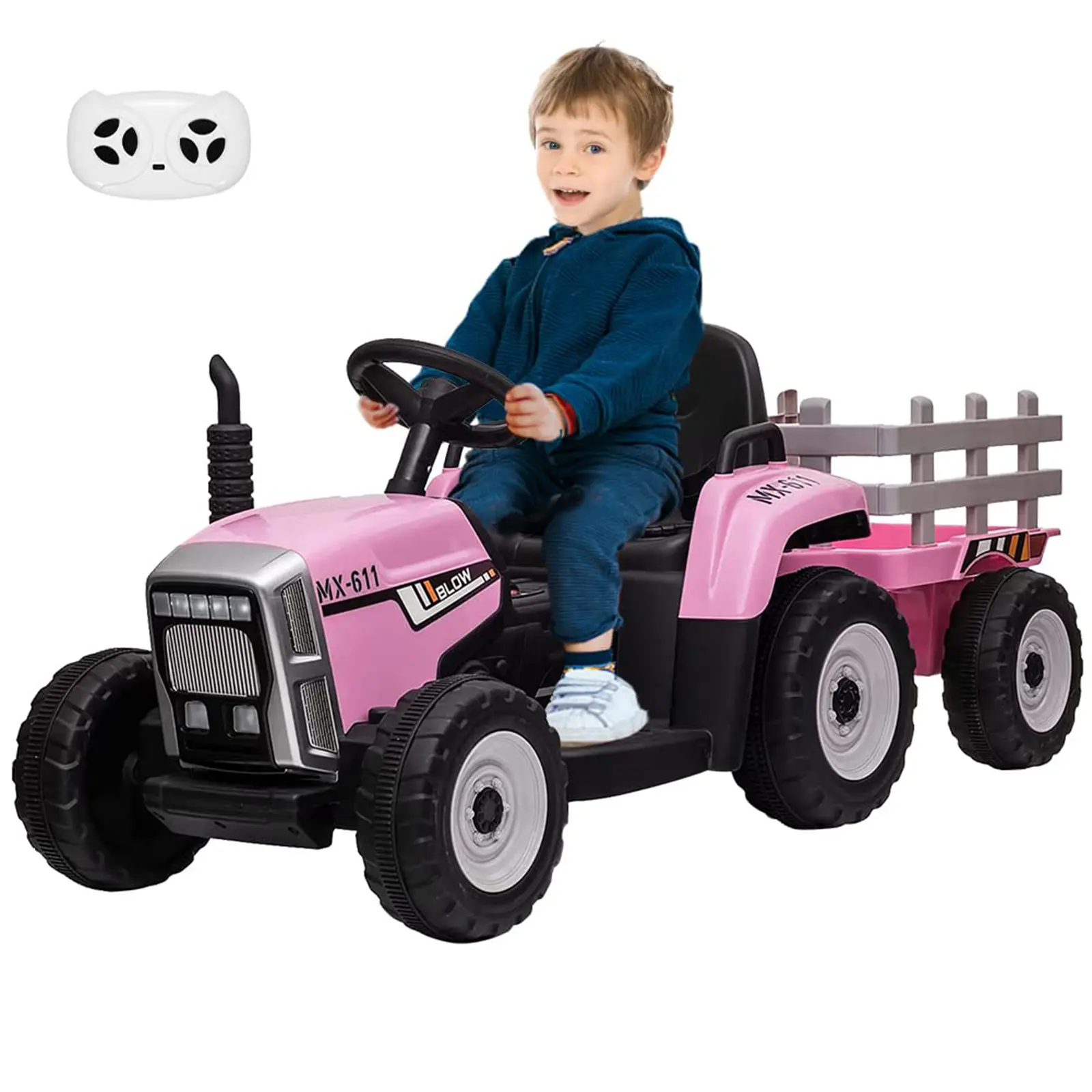 12V Kids Ride On Car Truck, Electric Tractor with Trailer for Kids 3-6 Years, with Remote Control, 7-LED Headlights, 2+1 Gear Shift, Music Player and USB Port toy