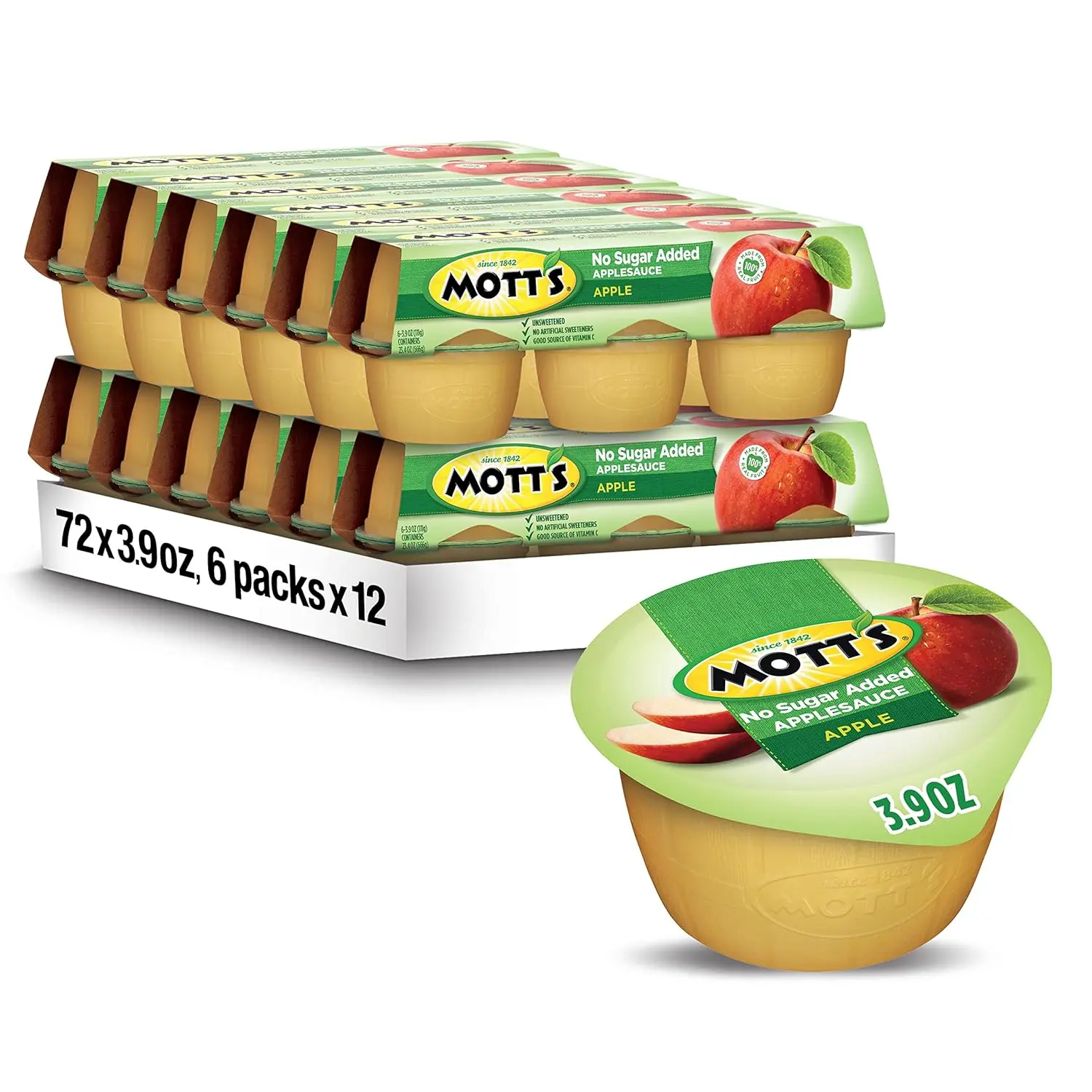 Mott's No Sugar Added Applesauce, 3.9 Oz Cups, 36 Count, Good Source Of Vitamin C, No Artificial Flavors