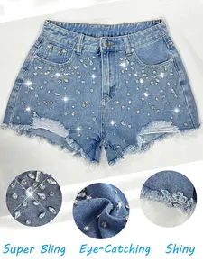 Women's Hand-sewn rhinestones Decor Denim Shorts, Fashionable Casual Short Jeans for Daily Wear, Ladies Bottoms for Summer