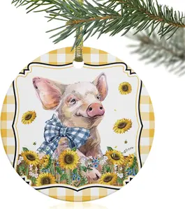 2024 Christmas Ornament Xmas Tree Hanging Accessories,Farm Pig with Pastoral Sunflowers Christmas Tree Round Ceramic Ornaments for Holiday Party Home Decor,Vintage Yellow Buffalo Plaid