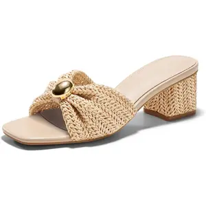 Coutgo Womens Low Chunky Block Heels Raffia Sandals Square Open Toe Slip On Slides Summer Beach Dress Shoes