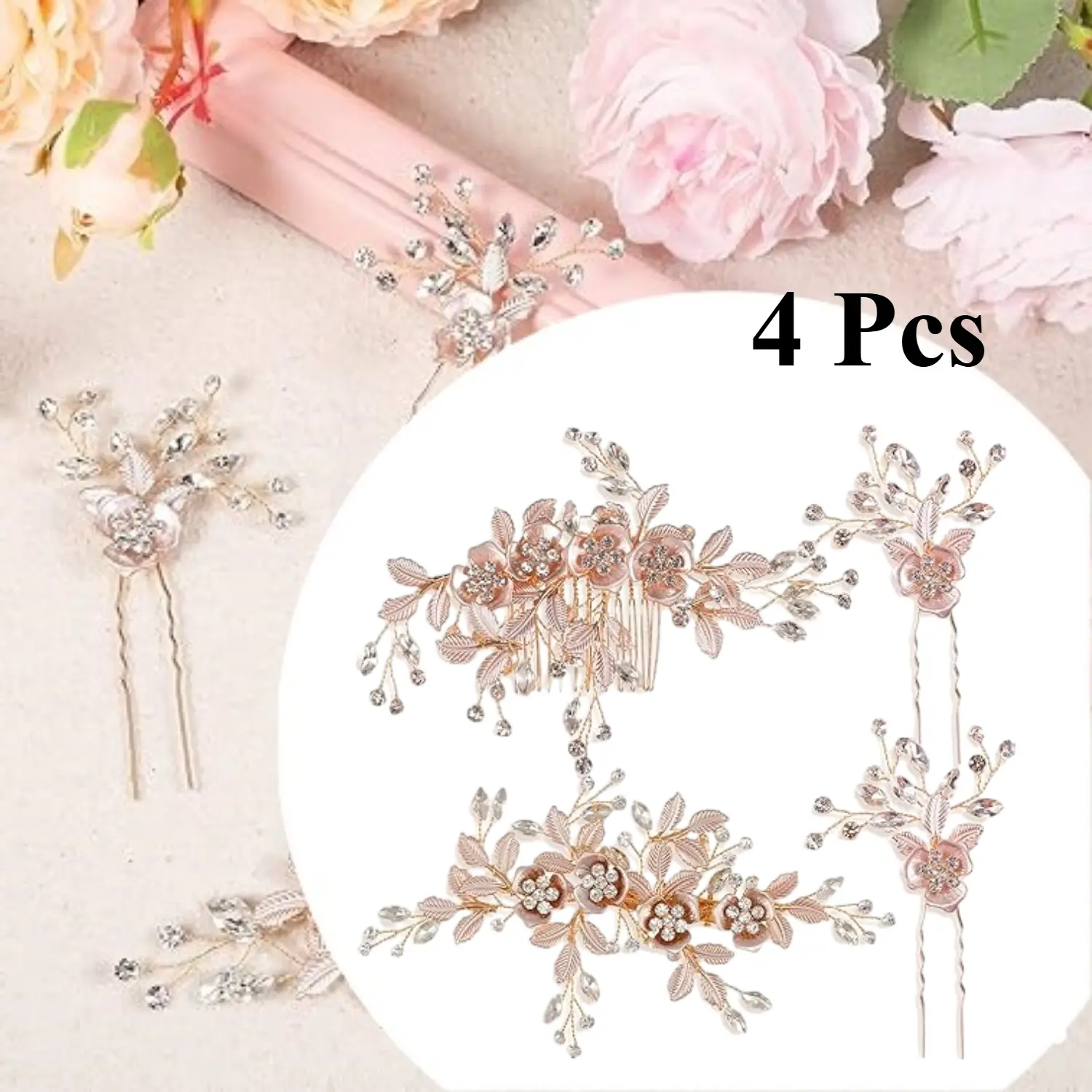 4-Piece Rose Gold Bridal Hair Accessories Set - Appealing & Beautiful Rhinestone Floral Pins, Flower Leaves Barrette, Wedding Combs for Brides (Festive & Party Supplies for Appointments, Dance Parties)