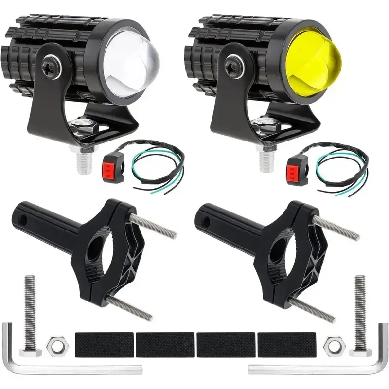 2pcs 32W LED Motorcycle Headlights with Switch - Yellow White Dual Color Hi/Lo Beam, 2400LM 3000K 6000K Crash Bar Front Fork Spotlights with Brackets, Rubber, Cooling, 0.78-2.05 Inch Tubes, Wide Light Spread, Rain Fog Safe, Motorcycle & Car Accessories
