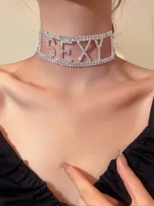 1pc/Women's Sexy Letter Pendant Necklace, Rhinestone Hollow Out Design, Fashion Jewelry for Daily Wear & Party Accessories, Letters Necklace, High End Necklace, Elegant Necklace