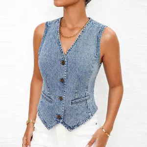 Women’s Denim Vest Top – Sleeveless V-Neck Button Down Jean Vest, Slim Fit Washed Casual Tank Jacket with Pockets