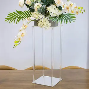 Acrylic Flower Vase Pillar Stand 24" Clear with Square Mirror Base - Decorative Wedding Table Centerpiece