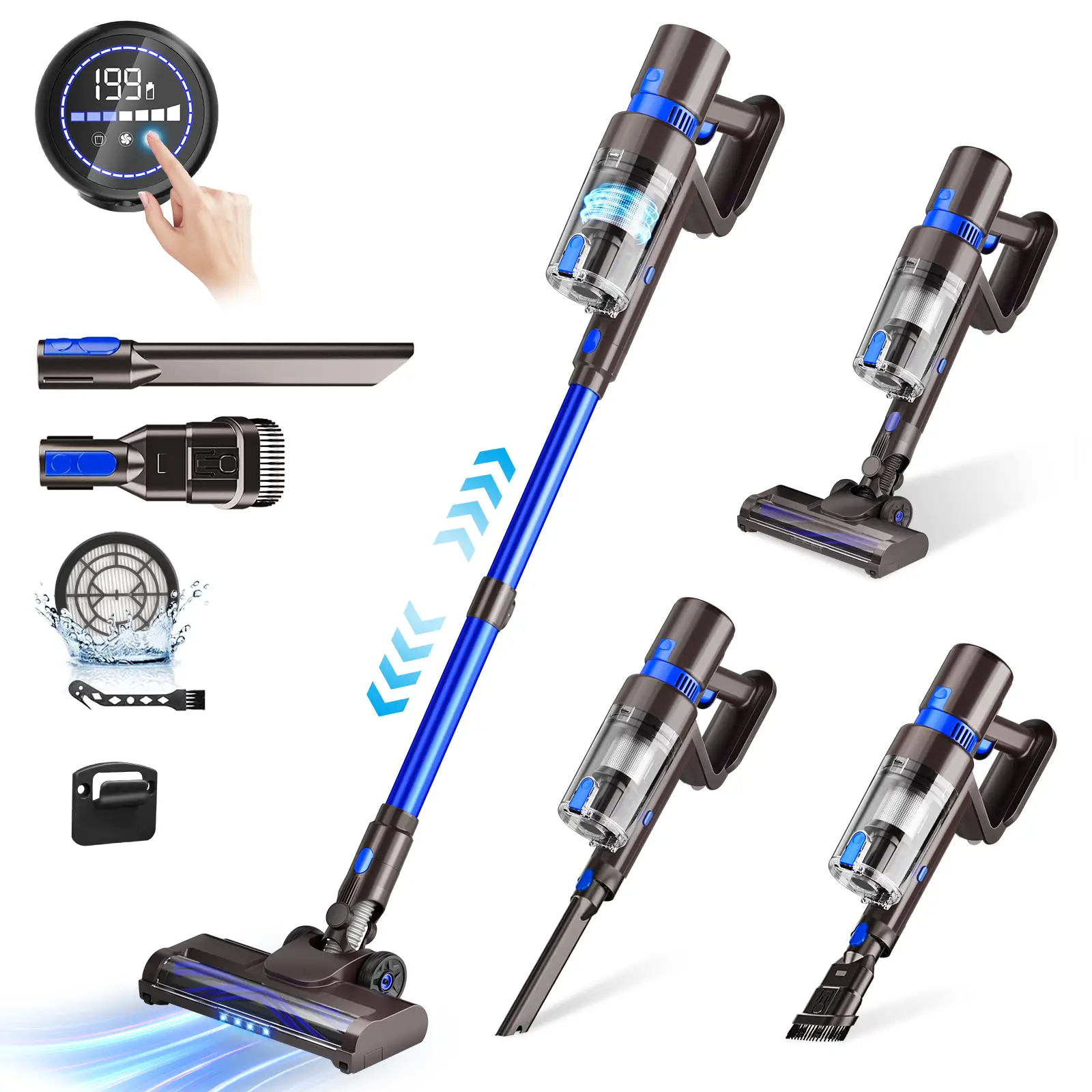 Cordless Vacuum Cleaner, 550W 45KPA, 45-Min Runtime, Self-Standing Stick with LED Screen & Rechargeable Handheld for Carpet, Floor, Pet Hair