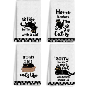 4Pcs Funny Cat Meme Towels 24x14 Inch, Humorous Cats Absorbent Microfiber Dish Cloth Tea, Waffle Weave Hand Towels for, Cat Lover Gifts