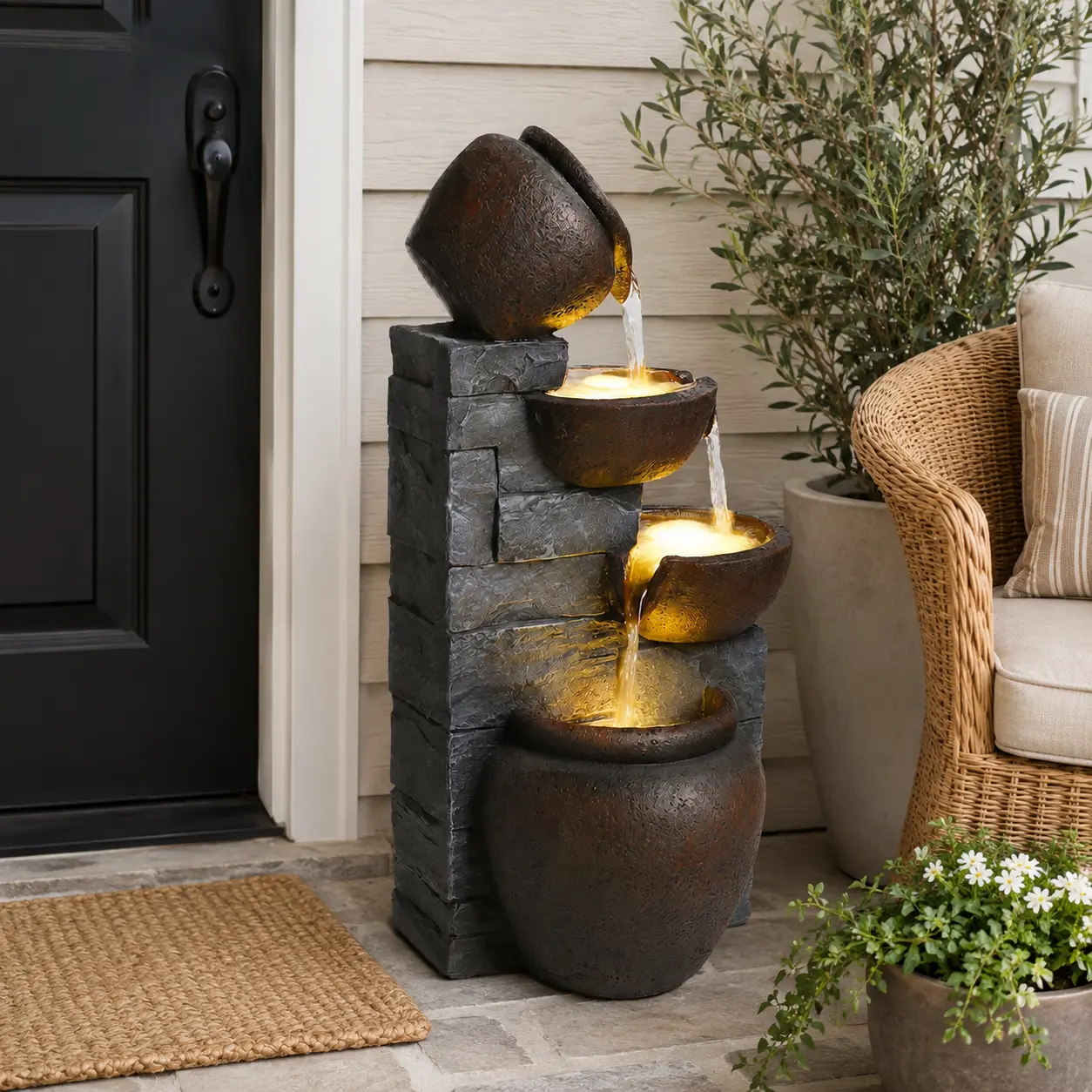 Premium Resin Outdoor Water Fountain 12.4" L x 9.6" W x 25.6" H, Cascading Cup Tabletop Waterfall Fountain, Modern Garden Water Feature for Patio, Yard, Indoor & Outdoor Decor Stone