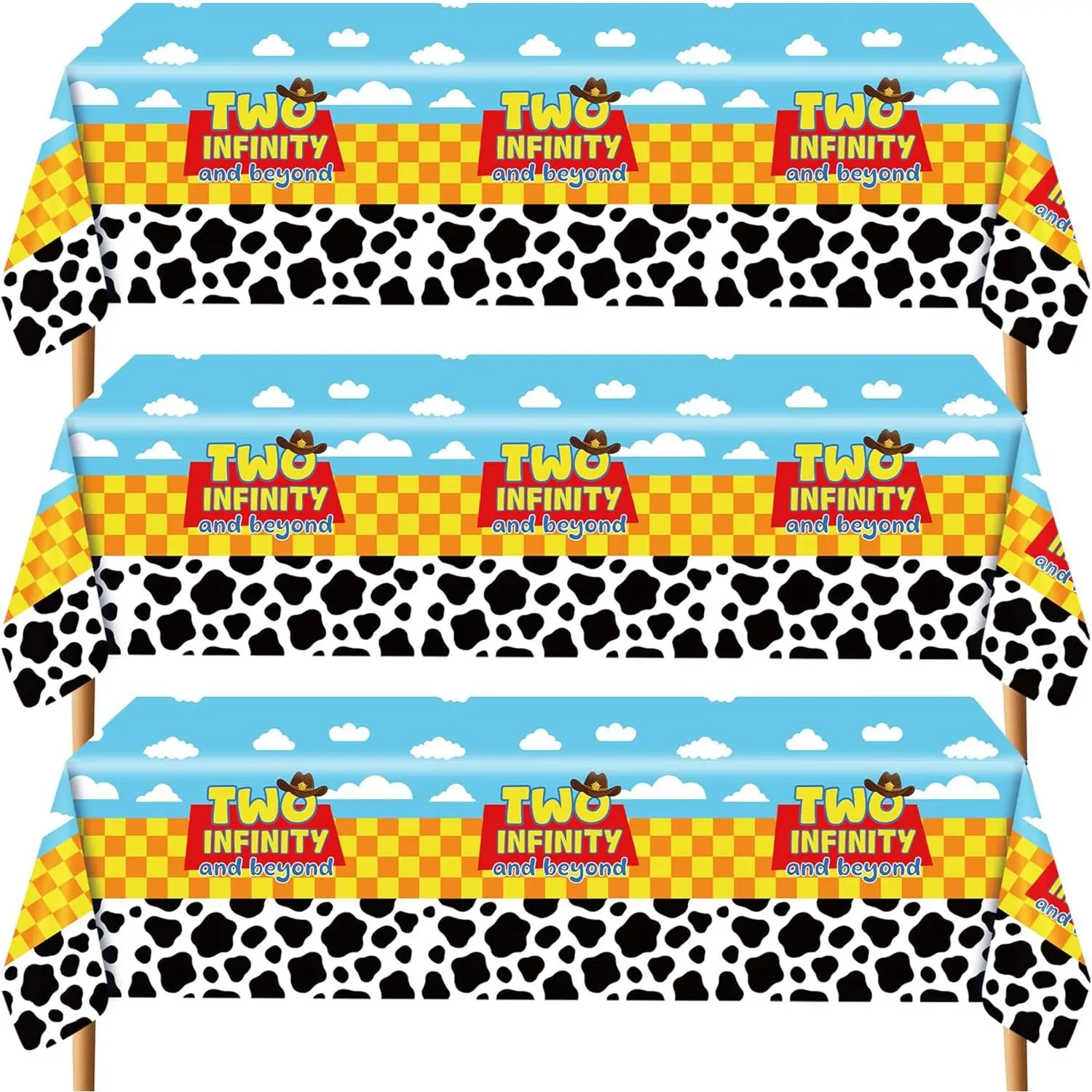 3 Pack Cartoon Story Birthday Party Tablecloth Two Infinity and Beyond Table Cover Cow Pattern Printed Blue Sky White Cloud Tablecloths Birthday Party Decoration (Blue Yellow)