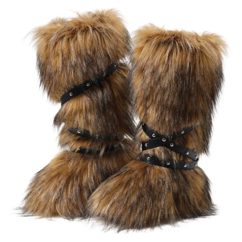 Faux Fur Boots for Women Long Furry Knee High Boots Comfy Warm Plush Snow Boots Winter Fuzzy Outdoor Boots Fluffy Indoor Flat Shoes