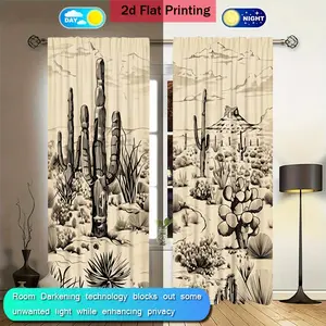 Vintage Desert Cactus Print Curtains Set of 2, Multifunctional Filtering Drapes, Hand Washable, Fashion Design for Home Office