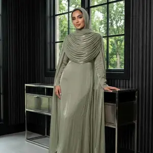 #CL81  Pleated-shawl abaya with A-line silhouette, fitted waist, long skirt, glossy texture, back belt, double-layered opacity.