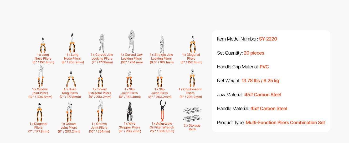 VEVOR 20-Piece Pliers Set, Polished Carbon Steel Jaw Hand Tools with 2-Pack Organizer Rack - Locking, Long Nose, Diagonal, Groove Joint, Snap Ring, Slip Joint Pliers for DIY, Home Repairs, Locking Pliers VEVOR 20-Piece Pliers Set, Polished Carbon Steel Jaw Hand Tools with 2-Pack Organizer Rack - Locking, Long Nose, Diagonal, Groove Joint, Snap Ring, Slip Joint Pliers for DIY, Home Repairs, Locking Pliers