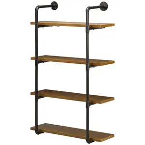 1" Thick 4-Tier Industrial Pipe Floating Wall-Mounted Bookshelf, Metal Frame Display Rack, Rustic Brown Indoor Furniture for Farmhouse, Kitchen