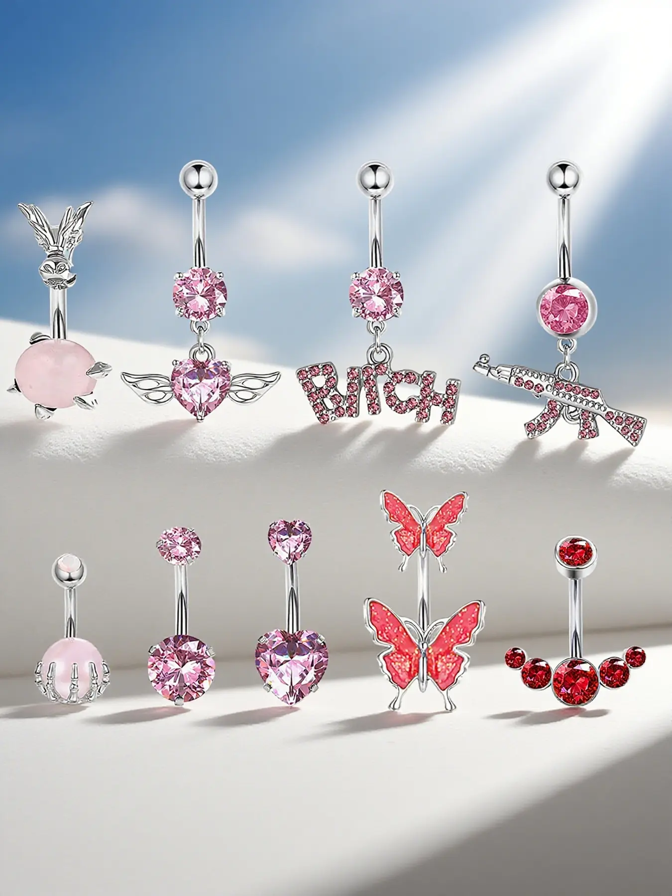 Women's Artificial Zircon Belly Button Ring Set, Bellybar, Heart Butterfly Design, Fashionable Body Jewelry Navel Piercing Jewelry for Women, Gems For Piercings