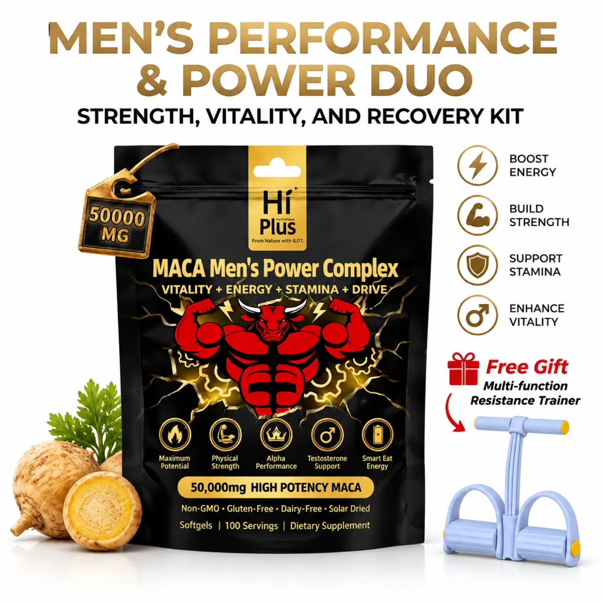 HiPlus Men‘s  Boosters Power Complex Support with Shilajit,Maca,Ashwagandha & Ginseng | Energy, Stamina & Focus - 300 Softgels SummerVibes Fitness Dietary Supplement Protein Healthcare