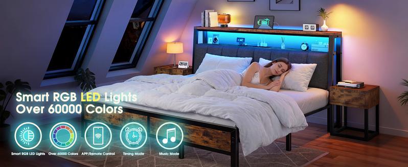 Raybee LED Bed Frame with Charge Station for Queen, Full, King, Platform Bed Frame with Upholstered Ergonomic Heardboard , 2 Tiers of Shelves & 12" Underbed Storage, Industrial Modern Bedroom Furniture, 1000lbs Capacity with Metal Slats & Frame, Black