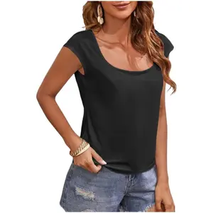 Imily Bela Women's Cap Sleeve Scoop Neck T Shirt Casual Solid Color Basic Tee Shirts Blouses Tank Tops