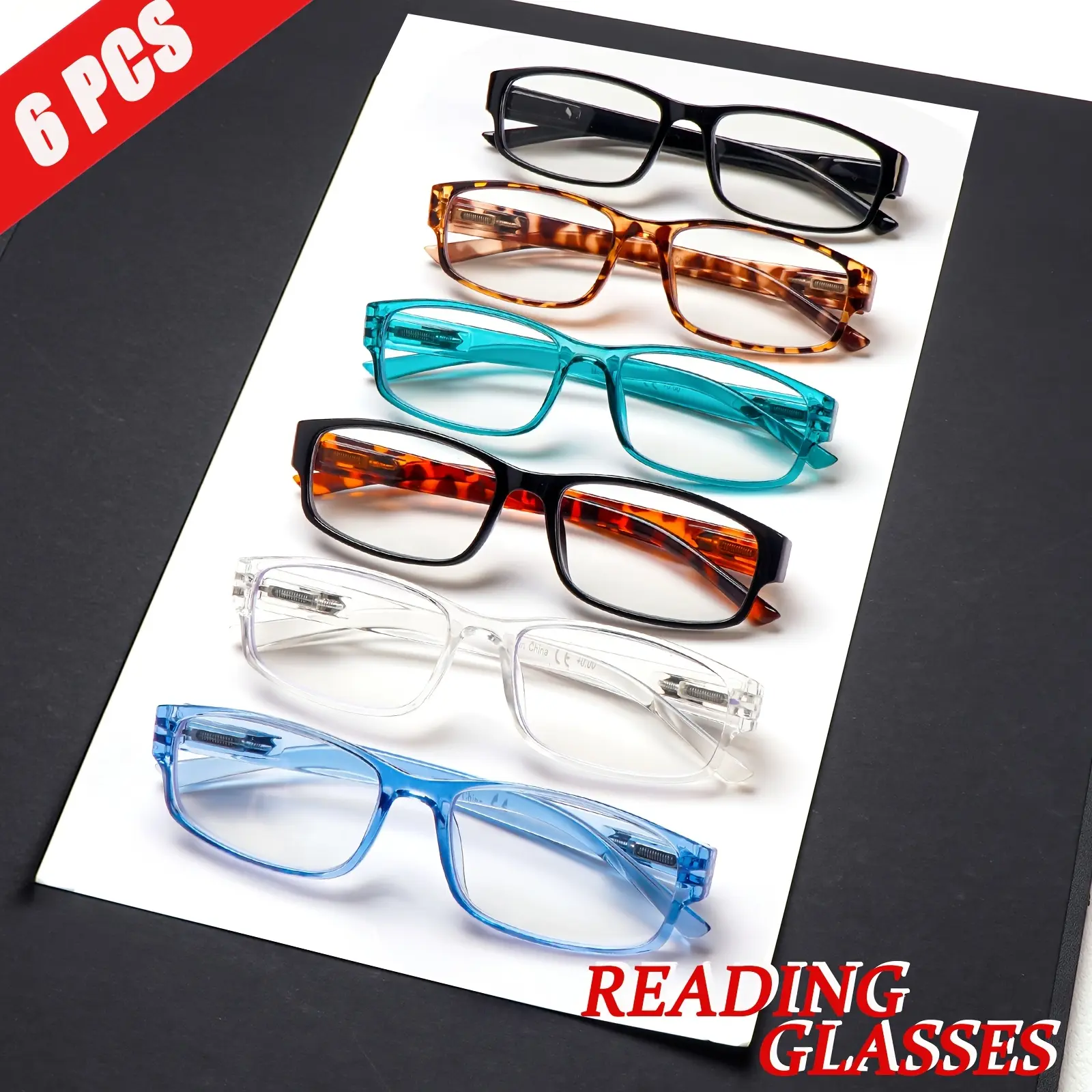 Unisex Reading Glasses 6-Pack, Square Anti Blue Light Eyewear with Lightweight Durable Frame and Spring Hinge for Casual Daily Wear