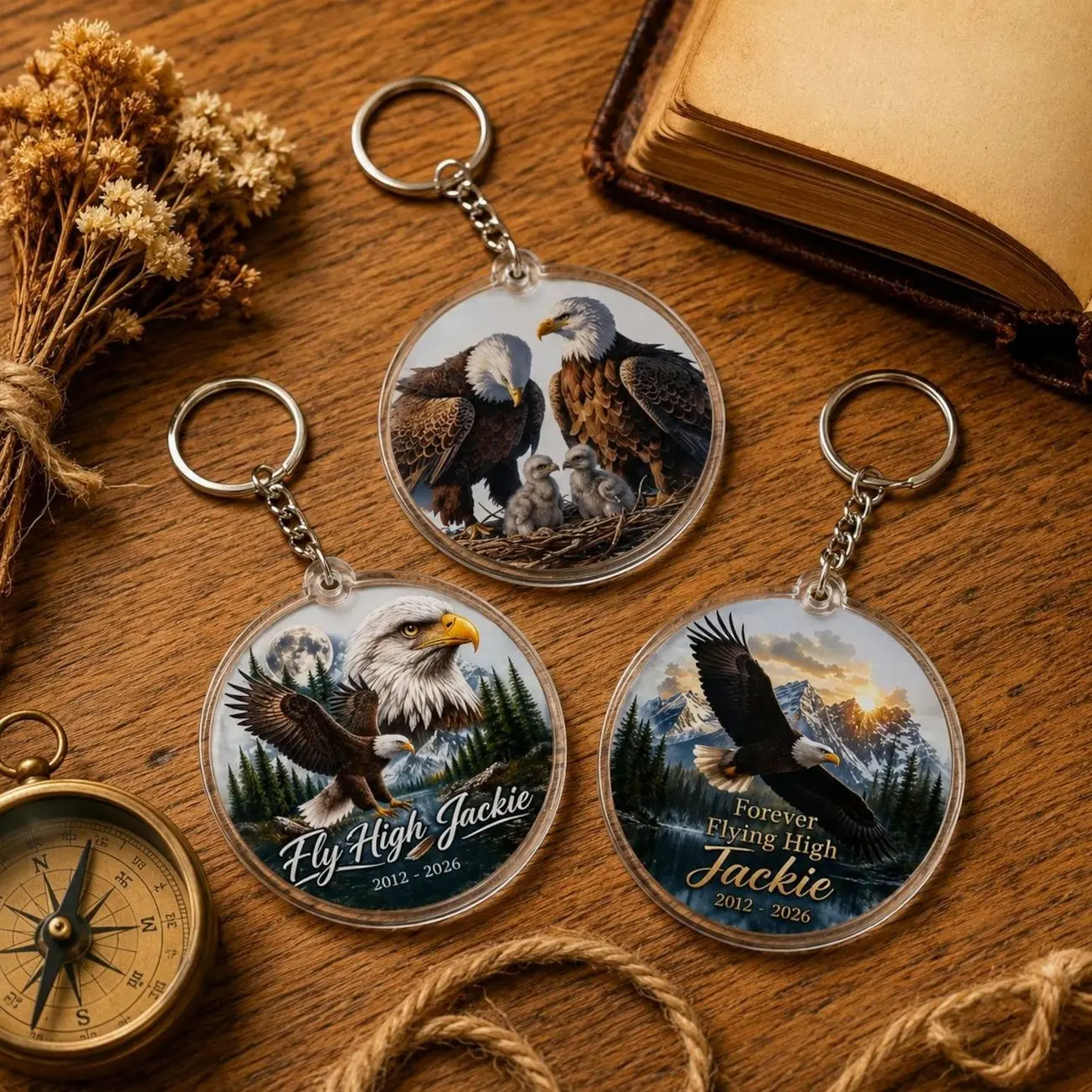 3 ops Jackie The Eagle Acrylic Keychain, Jackie 2012-2026, Jackie and Shadow Charm, Jackie Bald Eagle Memorial Keychain