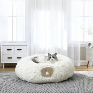 RELAXLATE Large Cat Tunnel Bed for Indoor Cats,Cat Bed, Cat Tunnel Christmas Tree Skirt, Cat Donut Tunnel Toys with Warm Soft Plush, for Cats, Kittens, Small Pets (White)