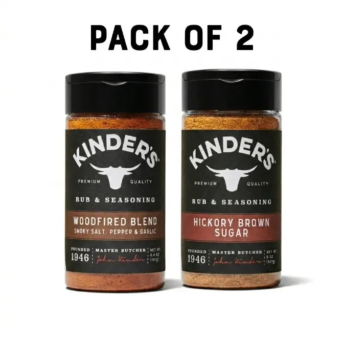 Variety Pack of 2 Kinder's Seasonings, Hickory Brown Sugar BBQ 5 oz & Woodfired Blend 6.4 oz