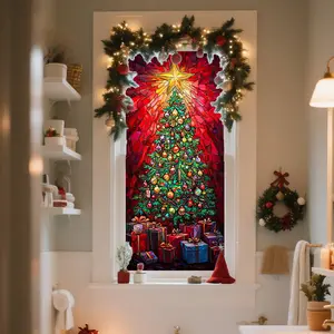 Static Cling Christmas Tree Window Film, 45x100cm Oil Painting Style Holiday Decoration, Light Blocking Glass Sticker for Living Room Bedroom