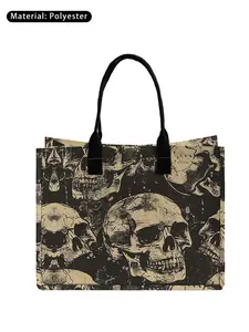 Large Capacity Skull Print Storage Bag, Durable Handles, Space-Saving Multi-Purpose Organizer for School Travel Shopping, Stylish Tote Bag