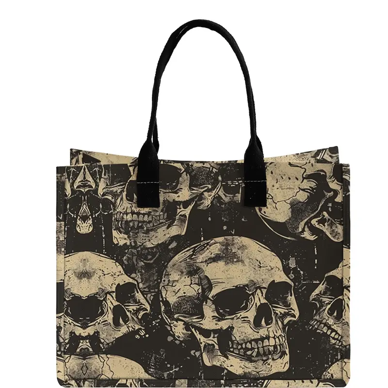 Large Capacity Skull Print Storage Bag, Durable Handles, Bags with Handles, Space-Saving Multi-Purpose Organizer for School Travel Shopping, Stylish Tote Bag, Trendy Versatile Bag, Casual Trendy Bag
